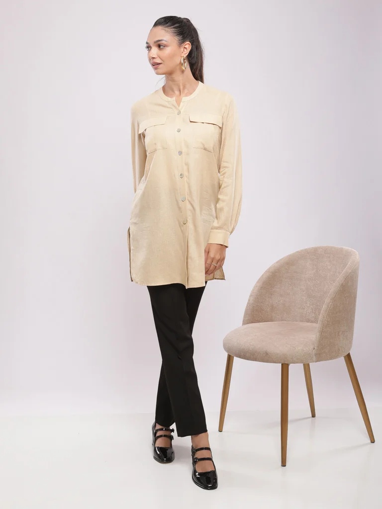 Chemise longue col mao en lin