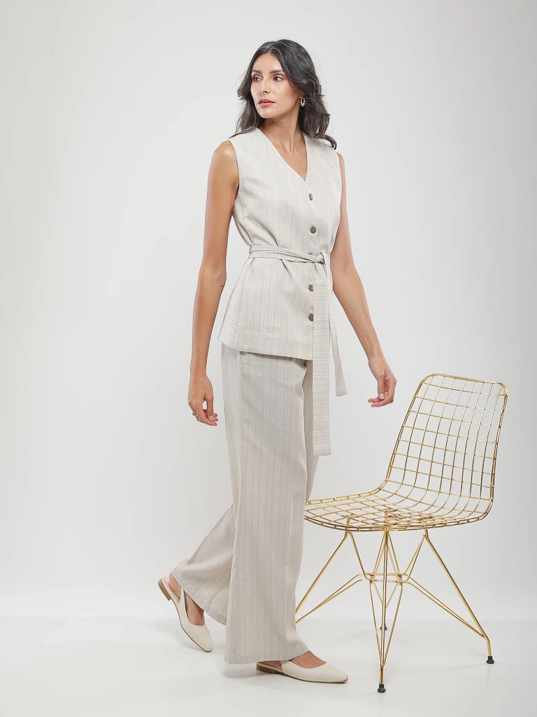 Pantalon large taille haute à rayures