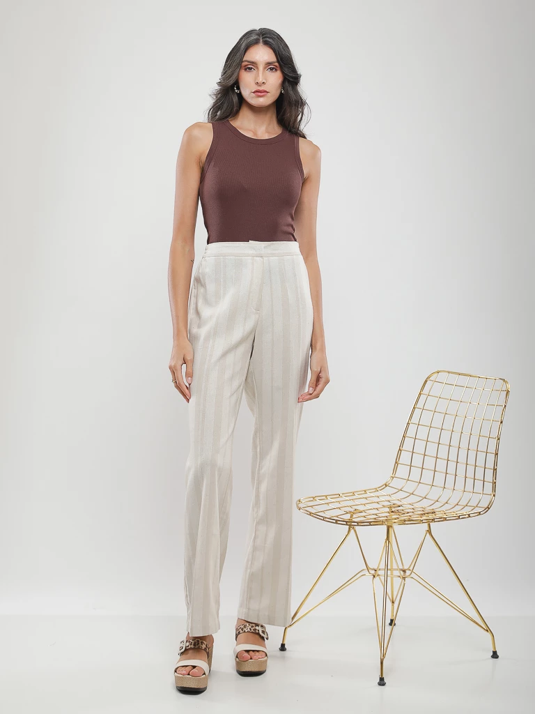 Pantalon droit taille haute à rayures