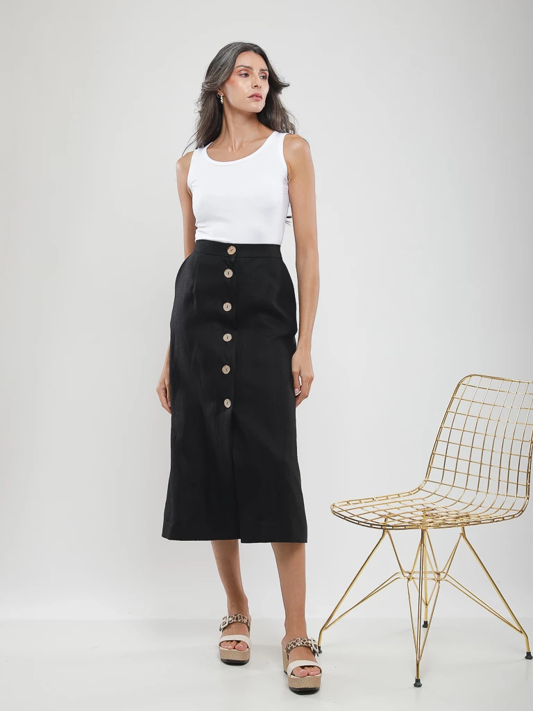 Jupe midi boutonnée en lin