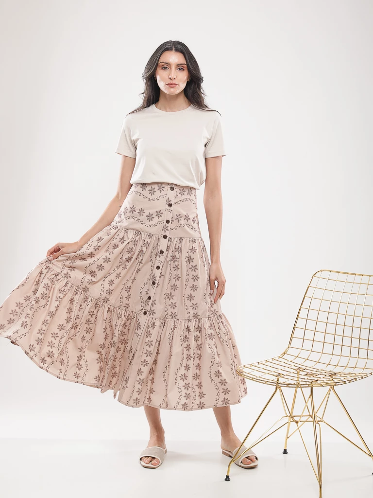 Jupe longue imprimée à volants