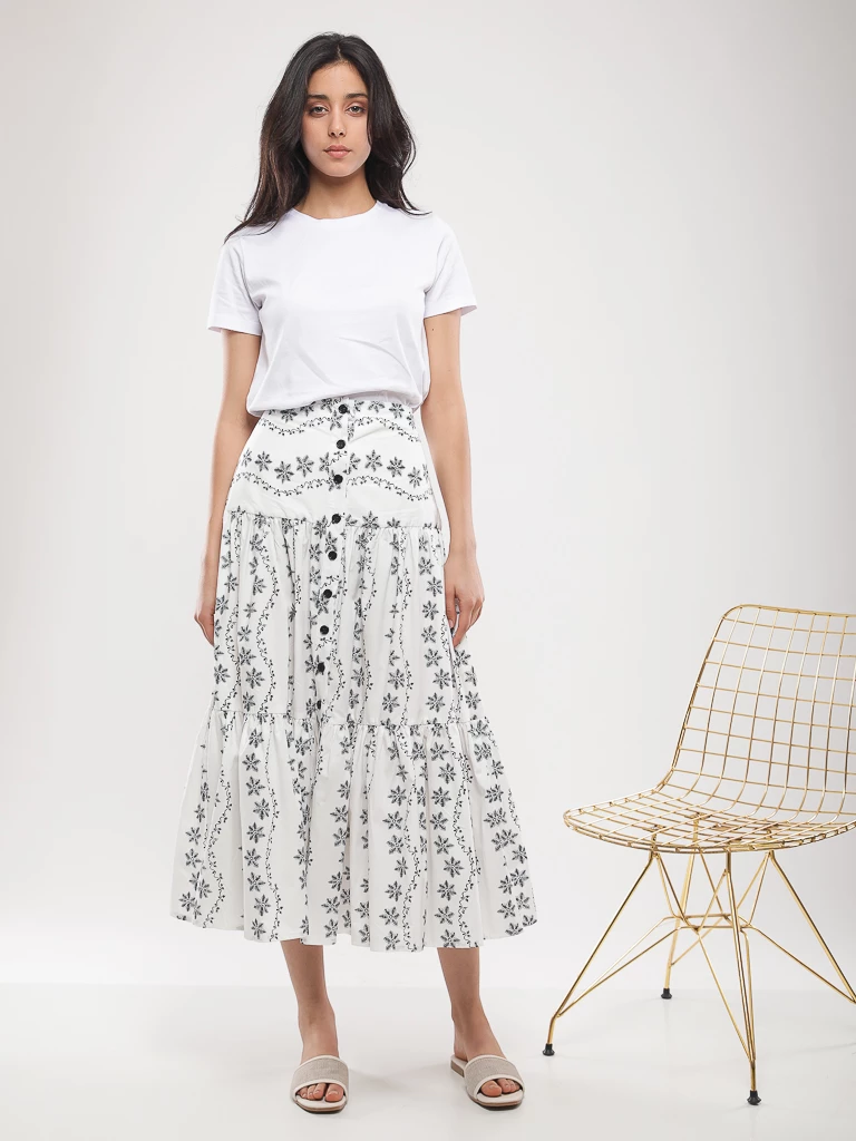 Jupe longue imprimée à volants