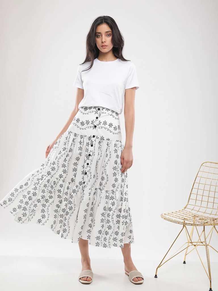 Jupe longue imprimée à volants