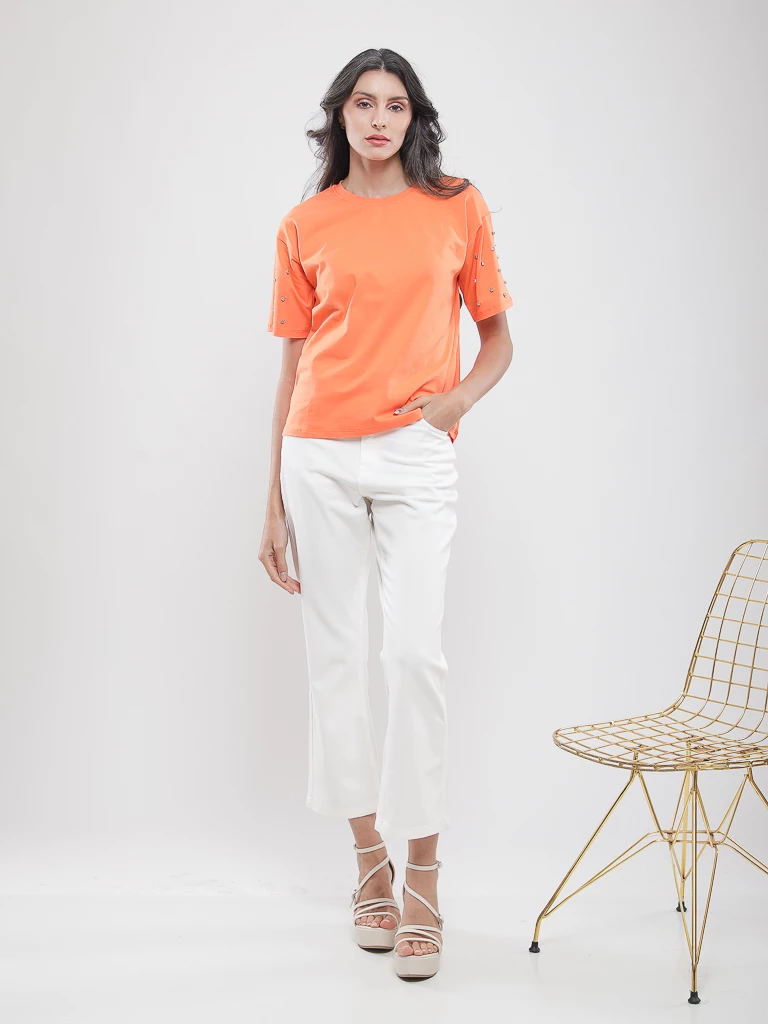 T-shirt oversize à manches perlées