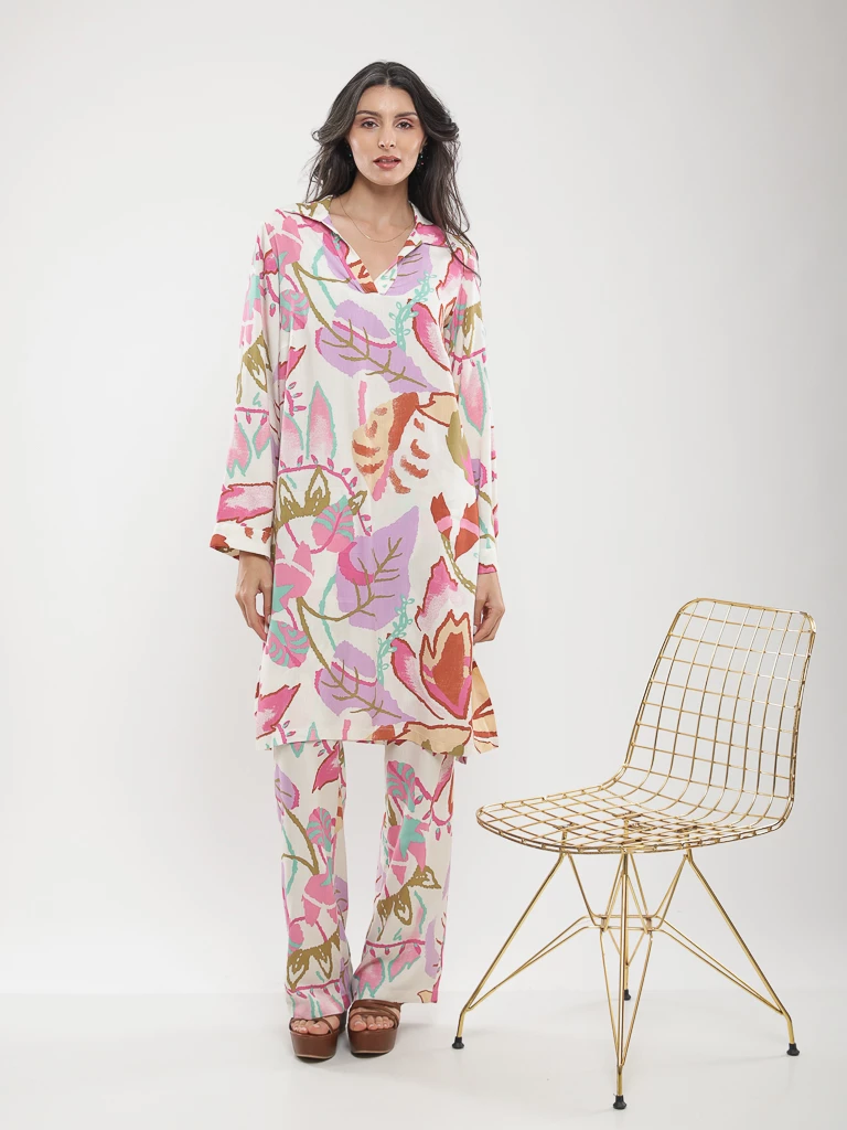 Blouse longue imprimé feuillage