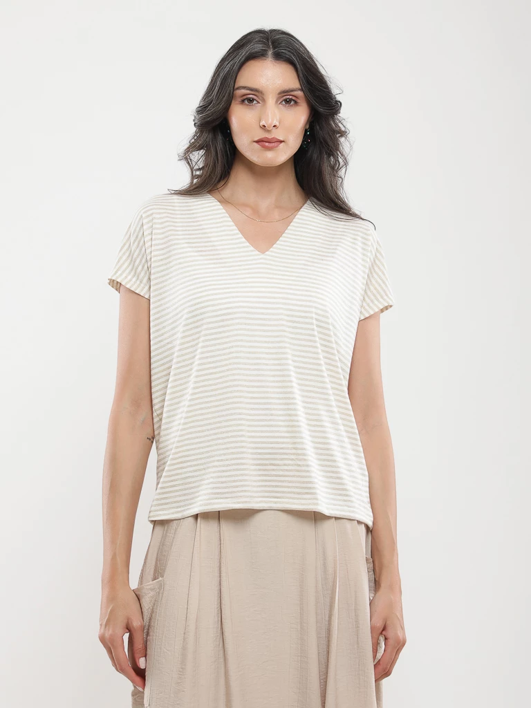 T-shirt ample à col V et rayures