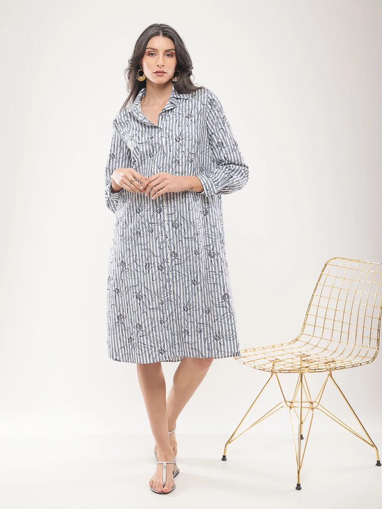 Chemise longue à rayures fleuries