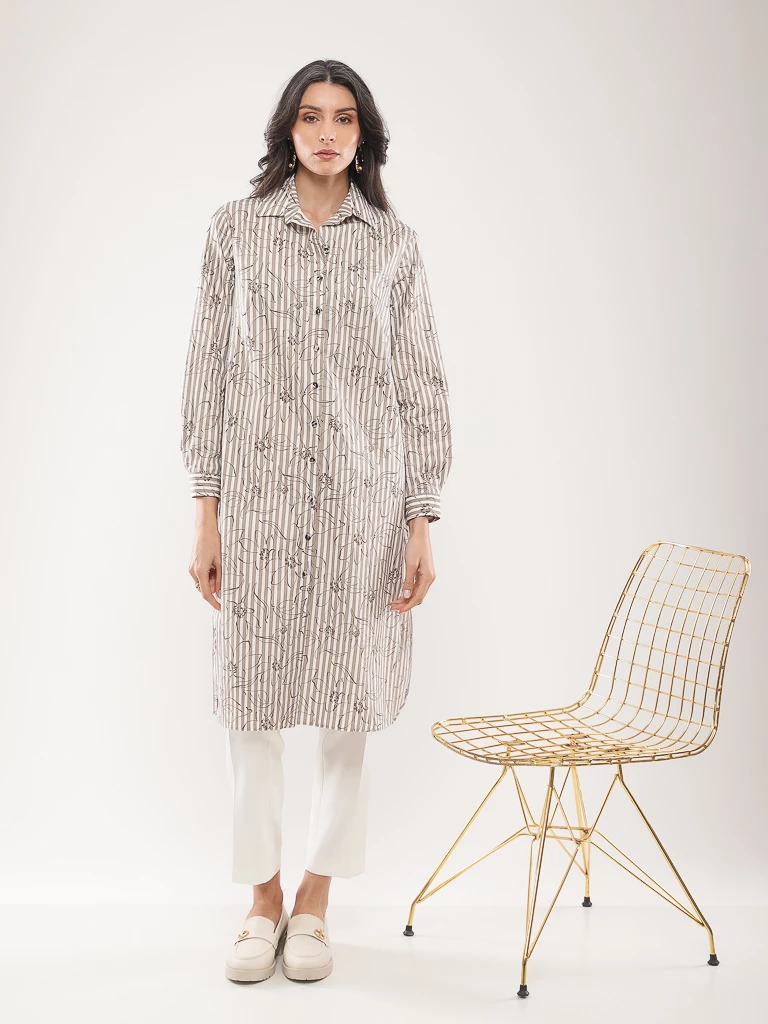 Chemise longue à rayures fleuries