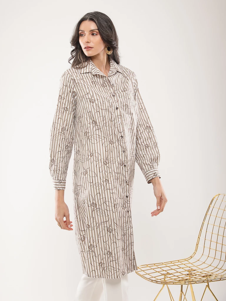 Chemise longue à rayures fleuries