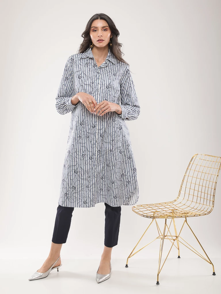 Chemise longue à rayures fleuries