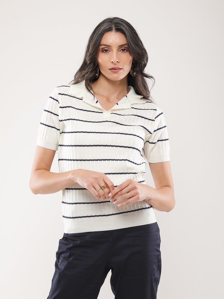 Polo en maille côtelée à rayures