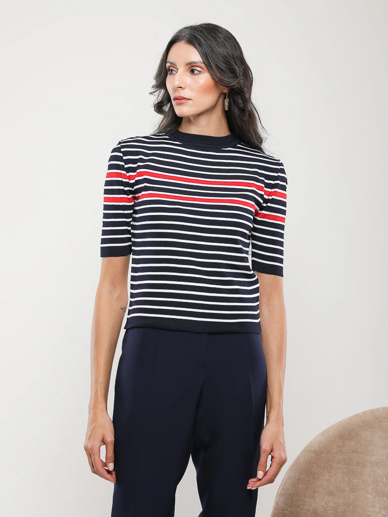 PULL RAYÉ EN MAILLE MANCHES COURTES