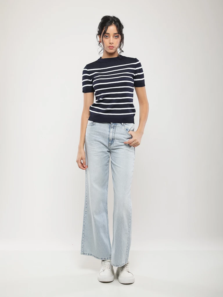 PULL RAYÉ EN MAILLE MANCHES COURTES