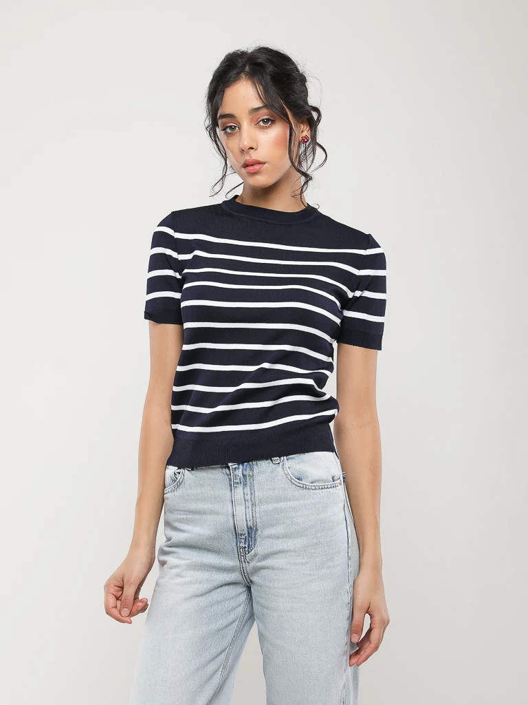 PULL RAYÉ EN MAILLE MANCHES COURTES