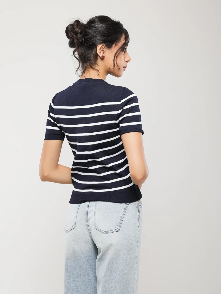 PULL RAYÉ EN MAILLE MANCHES COURTES